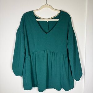Umgee XL Emerald Green V-Neck Babydoll Top Long Sleeve Flowy Tunic